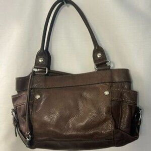 Vintage Fossil Brown Leather Shoulder Bag With Dual Handles Silver Hardware Key